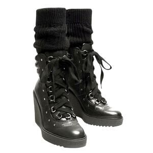 ZARA Lace Up Leather Wedge Ankle Combat Boots Studs Sock Legging Size 36 USA 6